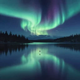 the northern lights reflected on a lake at night, last exile, loish, yoshitoshi abe,, yuya nagai, Ilya Kuvshinov, murata range, jean giraud, makoto shinkai, kawaii, sketch, beautiful, dreamy,gradation, vibrant colors, matte print, high saturation, detailed, studio lighting, anime, manga