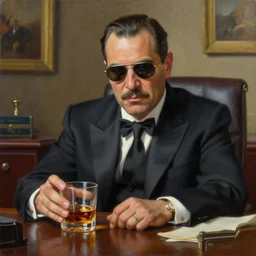 beautiful oil matte portrait painting : mafia boss. holding a glass of whiskey. at 5 0 s new york office desk. wonderful masterpiece. highly detailed, no doubles
