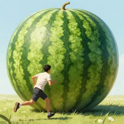 a man running away from a giant watermelon,digital art,ultra realistic,ultra detailed,art by greg rutkowski