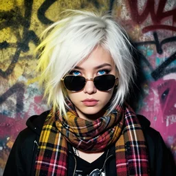 highly detailed portrait of a sewer ( ( emo punk ) ) lady student, sunglasses, blue eyes, tartan scarf, white hair by atey ghailan, by greg rutkowski, by greg tocchini, by james gilleard, by joe fenton, by kaethe butcher, gradient yellow, black, brown and magenta color scheme, grunge aesthetic!!! graffiti tag wall background