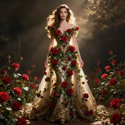 full body image of a beautiful woman covered in ivy and red roses, ornate gown standing in a bed of roses, rim light, dynamic lighting, etherial lighting, ultra detail, concept art, elegant, surreal, illustration by lisa aisato