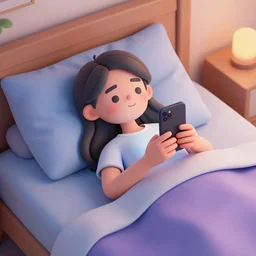 girl in bed with phone in her hand before going to sleep, 2 d modern anime style