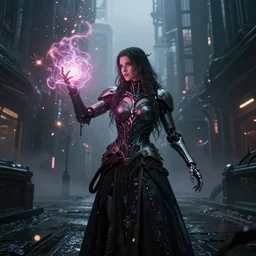 cyborg sorceress casting a magical spell, scifimedieval gothic cyberpunk city background, special effects, cinematic lighting, grimdark atmosphere, sparks, energy shield, highly detailed, futuristic street, foggy weather, masterpiece, trending on artstation, art by eddie mendoza