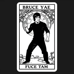 Bruce Lee on Tarot card, black and white , in the style of Mucha