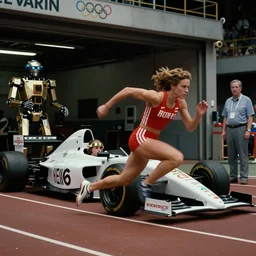 Film Noir, Inherent Vice, Collateral, Olivia Pope, Olympics footage, female Sprinter athletes on track at high speed, intense moment, cinematic stillframe, dramatic lighting, The fifth element, vintage robotics, formula 1 garage, starring Geena Davis