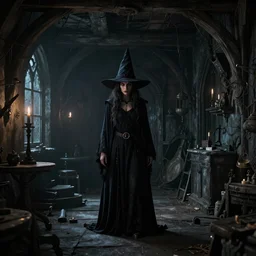 A witch in the shadows of a dark decrepit medieval cottage at night, highly detailed interior, hyperrealistic, V-Ray render, 8k UHD