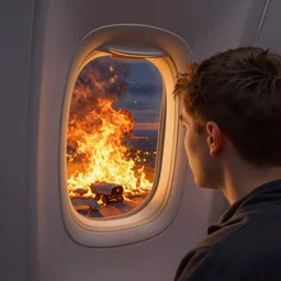 passenger looking a huge fire at window in airplane, art by greg rutkowski, matte painting, ilya kuvshinov landscape, very detailed, ArtStation
