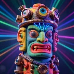 an opalescent claymodel of a multicolored steampunk tiki with three faces, wearing a steampunk helmet with multicolored irisdiscent tubes and shiny metallic devices, glowing blue wires out of the forehead, 3 d render, crisp, trippy, background is multicolored lasershow, 8 k, fluorescent colors, very elaborate