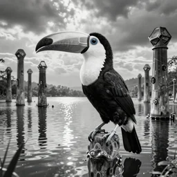 cinematic, filmic, wildlife photography, x - ray, ray tracing reflections, insanely detailed and intricate, hypermaximalist, elegant, ornate, hyper realistic, super detailed, toucan, lake with hexagonal pylons