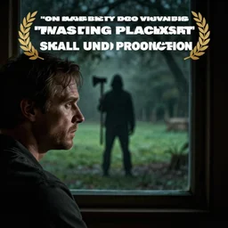 Over the shoulder view of a concerned man looking out the window into the back yard where a silhouetted figure holding an axe stands in the distance, creepy, cinematic, award winning