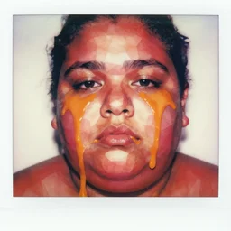 low poly watercolor low poly, a liquid dark red portrait of a fat face melt down flow go runny, blurry eyes, face painted with orange thick fluid by marlene dumas, low poly, realistic detailed watercolor polaroid, grainy image, contrast, realistic detailed, close up view