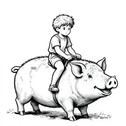 young boy riding a large hog Dungeons and Dragons Monster Manual, line art illustration, 1981, high detail, logo