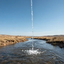 water dripping up from a river into the blue sunny sky, desolate land, hyper detailed photorealistic
