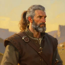 a stunning painting of ian andrew hecox with a grey ponytail and short grey beard dressed as a medieval explorer, james gurney, digital art, golden hour