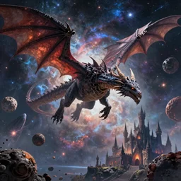 alien dragons flying through outer space, epic nebula, asteroid belt, gothic castle, dan seagrave art