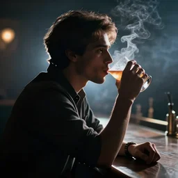 Silhouette of a man sipping a drink in a smoky bar