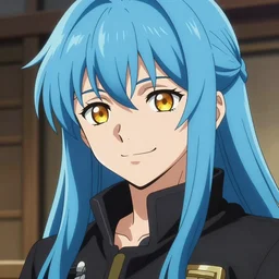 rimuru tempest smiling, sky blue straight hair, bangs, with amber eyes, gold eyes, wearing a black jacket, high collar, ultra detailed, concept art, award winning photography, digital painting, pretty, cinematic, wlop artstation, closeup, pixiv, happy, yoshitaka amano, andy warhol, ilya kuvshinov,