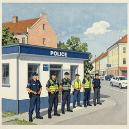 The drawing depicts a police station in the Lithuanian city of Vilnius. In the foreground, a group of policemen are standing in front of the building, while in the background a busy street can be seen. screen printing by Heinrich Kley, by Wilfredo Lam daring, evocative