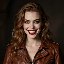 in the style of Rafael Albuquerque art, Samara Weaving vampire, sharp teeth grin, sarcastic, brown leather jacket
