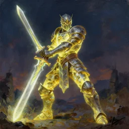 man in a glowing stone armor wielding a huge, glowing sword. oil painting, beautiful, landscape, large scale, intimidating, volumetric lighting