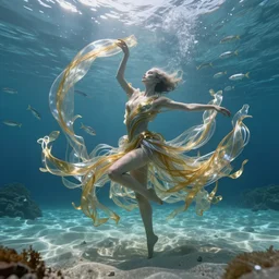 an alien woman in an underwater landscape is dancing, her body is made of thousands of thin ribbons of translucent gold and silver fabric that are twisting and swirling in the swift current, school of silver fish in the distance, sandy seafloor, caustics lighting from above, highly detailed, fantasy, octane render