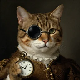 cat wearing a monocle and wearing a pocket watch, renaissance painting