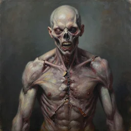 Broken god, hyper-realistic oil painting, Body horror, biopunk, by Peter Gric, Marco Mazzoni