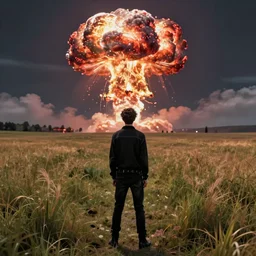 vaporwave, goth guy standing in a field watching an atomic mushroom explosion in the distance, back view, straight on, by artgerm, jamie hewlett, tom bagshaw, gerald brom, 4 k, smooth, hd, substance designer render, full body character concept art,