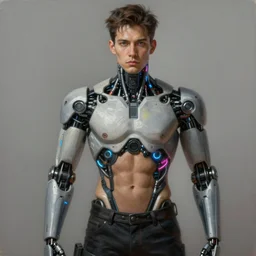 ultra realist intricate detailed painting of a single attractive male ( ( cyborg ) ), slight neon tech, model pose, art by vitaly bulgarov and nivanh chanthara, hyperrealistic, soft lighting, octane render