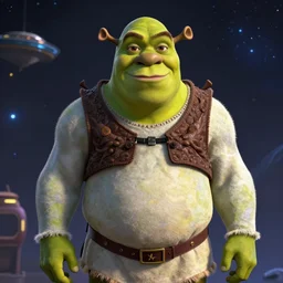 portrait of Xi Jinping dressing up as Shrek, Xi Jinping, rule of thirds, captivating glowing lights, Star Trek setting, on interstellar space, photo realistic by Yaşar VURDEM , artstation, unreal engine, character concept art by Moebius, high quality printing