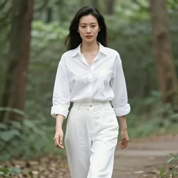 An Asian woman in white is walking in the forest, 90's professional photograph.
