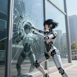 a large reflective shattered window, beautiful cyborg - girl punching into window, cyborg - girl punching reflections, glass shards flying, reflective, cyborg - girl punching mirror reflection, refractions on lens, full round face, biomechanical details, cyberpunk anime art, full body shot, lens flare, wlop, ilya kuvshinov, artgerm, krenz cushart, greg rutkowski