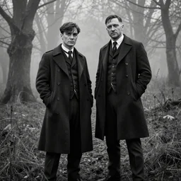 medium long shot, 3 / 4 shot, full body picture of cillian murphy and tom hardy posing, sharp eyes, serious expressions, in the style of peaky blinders, detailed, black and white, misty woods, epic photo by talented photographer ansel adams
