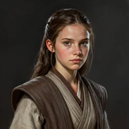 star wars portrait of a young woman by greg rutkowski, jaina solo, she is about 2 0 years old, thousand yard stare, wearing jedi robes, highly detailed portrait, scifi, digital painting, artstation, concept art, smooth, sharp foccus ilustration, artstation hq.