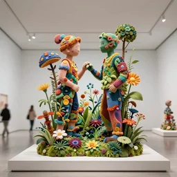 poetic exhuberance, a stunning intriguing sculpture, composed of tiny colorful details and plants, hyperdetailed, contemporary masterpiece, in clean minimal style museum, deep focus, striking