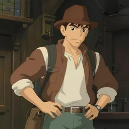indiana jones as an anime character from studio ghibli. beautiful. 4 k.