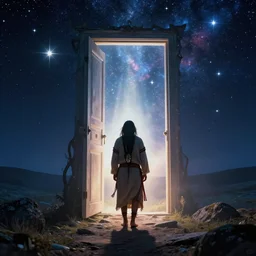 an indigenous shaman entering the world of dreams through a giant door full of light and surrounded by stars, fantastic, surrealism, art by christophe vacher