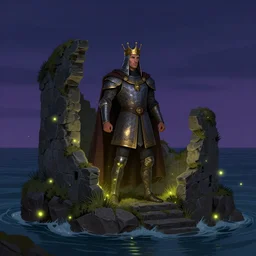the legend of king arthur ruins by the sea artstation colorful, high quality evening fireflies, sharp focus by greg rutkowski