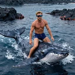 ryan gosling in swimming trunks and cyberpunk style goggles rides a killer whale in a lava lake, photo