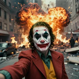 real photo of the joker doing a selfie in postapocalyptic burning nyc, by saul leiter, fire, explosion, award winning, desaturated