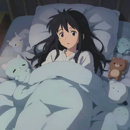digital advanced anime art, goth girl laying in bed covered in plushies at night in the style of Makoto Shinkai —h 1089 —w 1920