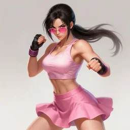 Tekken 4 fighter anime Stunning Portrait Belle Delphine with Crop top and pink skirt, Pink Shades, in a fighting stance, digital painting, artstation, concept art, soft light, hdri, smooth, sharp focus, illustration, art by tian zi, craig mullins, Mark Arian, WLOP, alphonse mucha