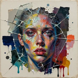 planet killer analogue mixed media collage with canvas texture in style of contemporary art, punk art, realistic emotional face, expressionism, masterpiece, spectacular quality, intricate oil details, broken glass, torn paper, large cracks, liquid paint spots, vivid harmonic colors, harmonic composition