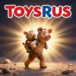 small man made of clay giving a piggy back ride to a small creature, advertisement from ToysRUs