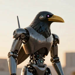 raven robot, hyperdetailed, close up, artstation, cgsociety, golden hour 8k