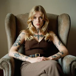 a young blonde woman with face tattoos, sitting in a wing-backed chair, 1971, photographed by Raphael Albert