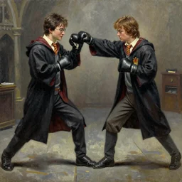 harry potter in a boxing fight with frodo baggins, oil on canvas