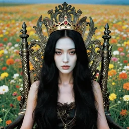 a closeup portrait of a beautiful black haired woman with pale skin and a crown on her head sitted on an intricate metal throne, in an infinite landscape of flowers, photograph by caravaggio, canon eos c 3 0 0, ƒ 1. 8, 3 5 mm, 8 k, medium - format print