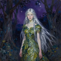 fey queen of the summer forest, dress of leaves, fine features, thin, young, clothed, silver shimmering hair, by brian froud, stars, night colors, night, darkness, purple blue black, oil on canvas, oil panting