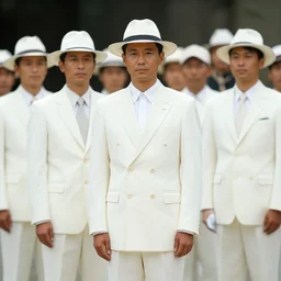 a group of men in white suits and hats, a colorized photo by david diao, reddit contest winner, art brut, 1 9 7 0 s, 1 9 9 0 s, freakshow